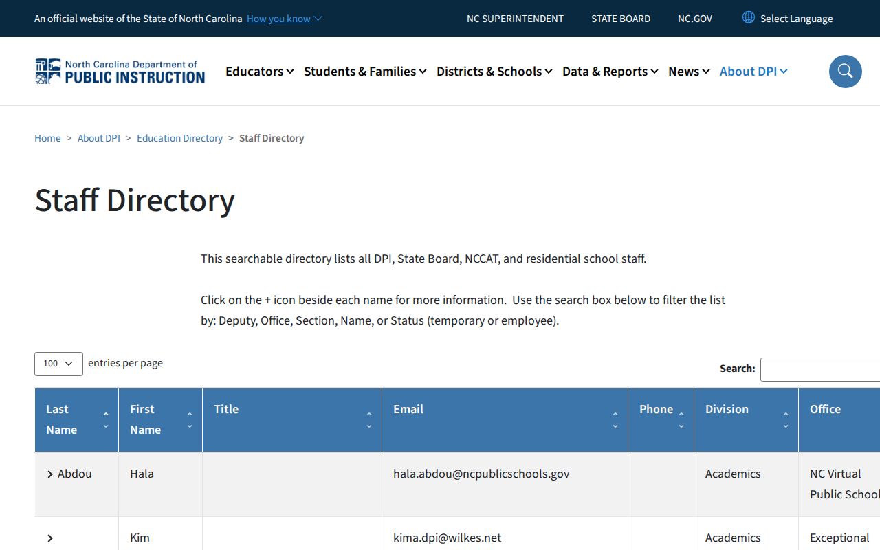 Waxhaw people directories North Carolina DPI staff directory