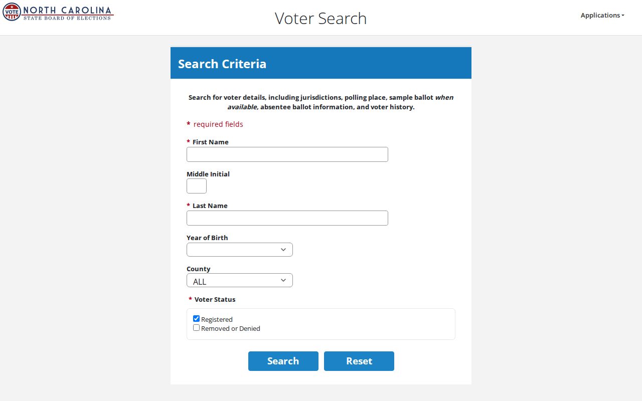Waxhaw voter registration records search fields in the North Carolina voter lookup